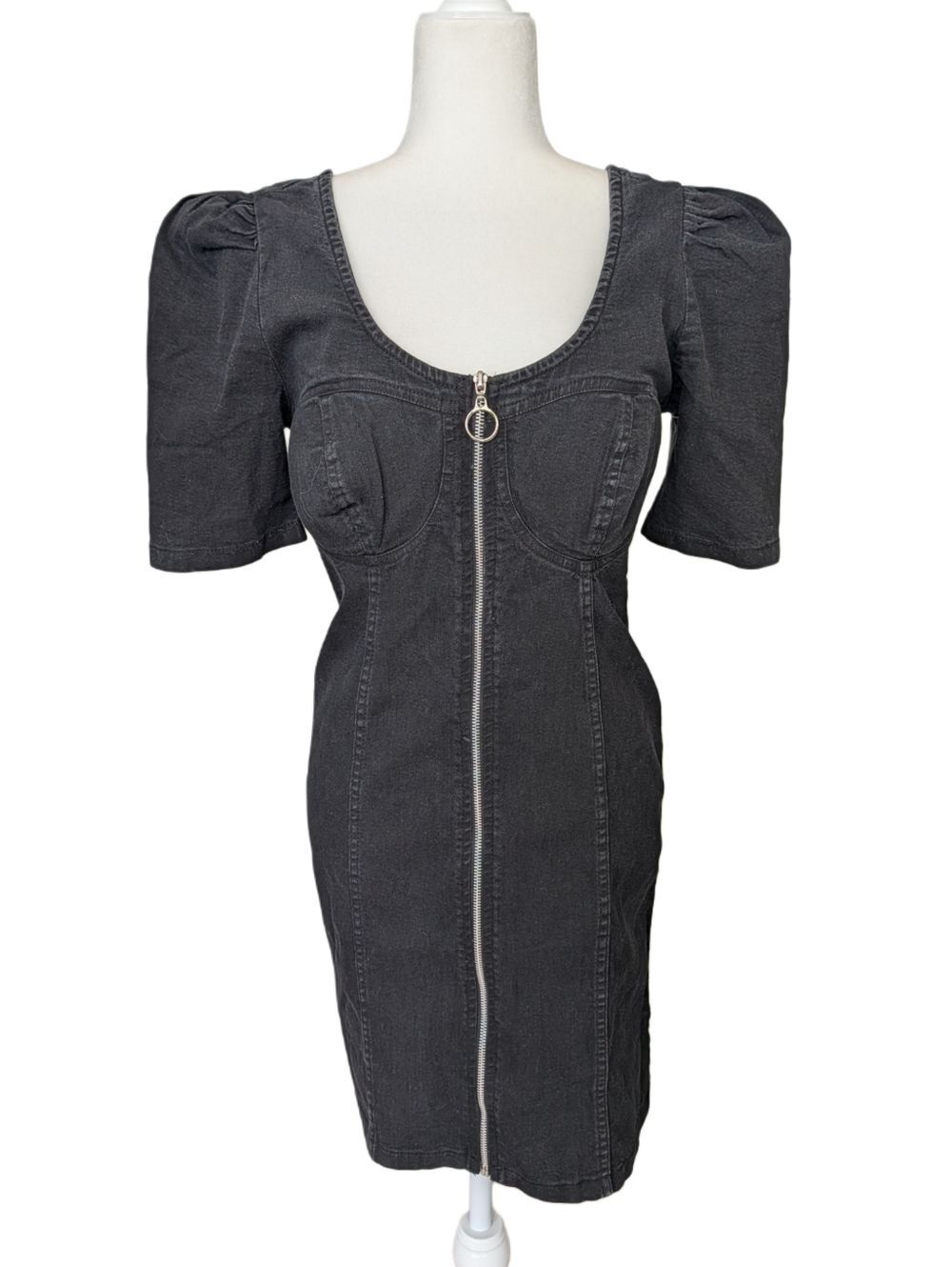 Thrill Jeans Womens Black Denim Zip Front Puff Sleeve Bodycon Mini Dress Size XL